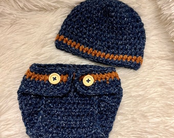 Crochet baby hat and diaper cover, jeans hat and diaper cover, crochet jeans, crochet baby photo prop