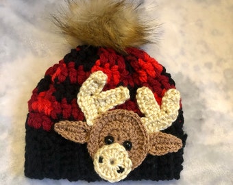 Crochet Buffalo plaid beanie, red and black plaid hat, moose plaid hat, baby plaid hat, children’s plaid hat, Pom Pom hat