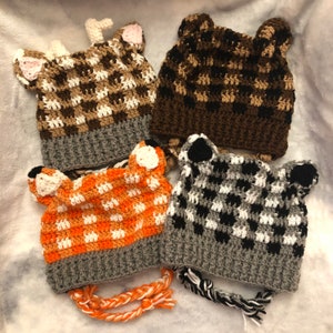 Crochet fox hat, crochet plaid hat, ear flap fox hat, plaid fox hat image 4