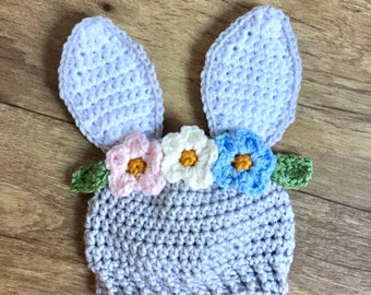 Crochet bunny hat, crochet flower crown hat, woodland bunny, crochet baby hat, baby bunny hat, crochet baby photo prop