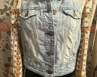 Upcycled Jean jacket, crochet Jean jacket, crochet sleeves, cropped Jean jacket, upcycled jean vest, denim jacket