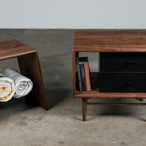 Walnut and Leather 2 drawer Side Table, Nightstand image 3