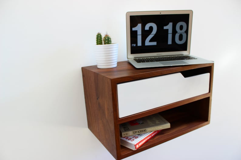 Floating Nightstand, with Shelf, walnut hardwood 20 L image 1