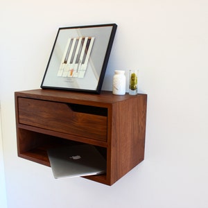 Floating Nightstand, with Shelf, walnut hardwood 20 L image 2