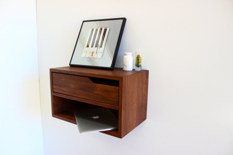 Floating Nightstand, with Shelf, walnut hardwood 20 L image 2