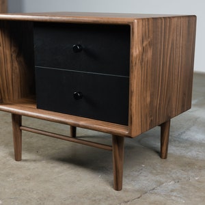 Walnut and Leather 2 drawer Side Table, Nightstand image 2
