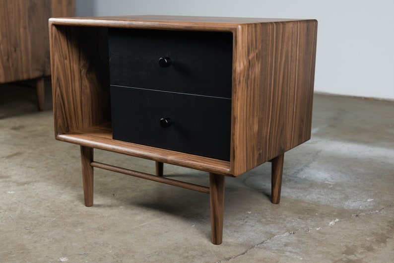 Walnut and Leather 2 drawer Side Table, Nightstand image 2