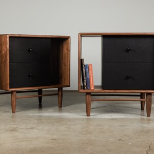 Large 2 drawer, leather and walnut nightstand, side table