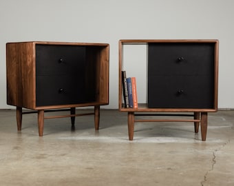 Large 2 drawer, leather and walnut nightstands / side tables