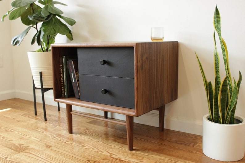 Walnut and Leather 2 drawer Side Table, Nightstand image 6