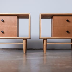 White Oak and Leather 2 drawer Nightstand