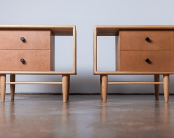 White Oak and Leather 2 drawer Nightstand