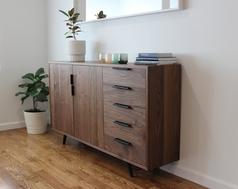 Walnut and Leather 5 drawer console