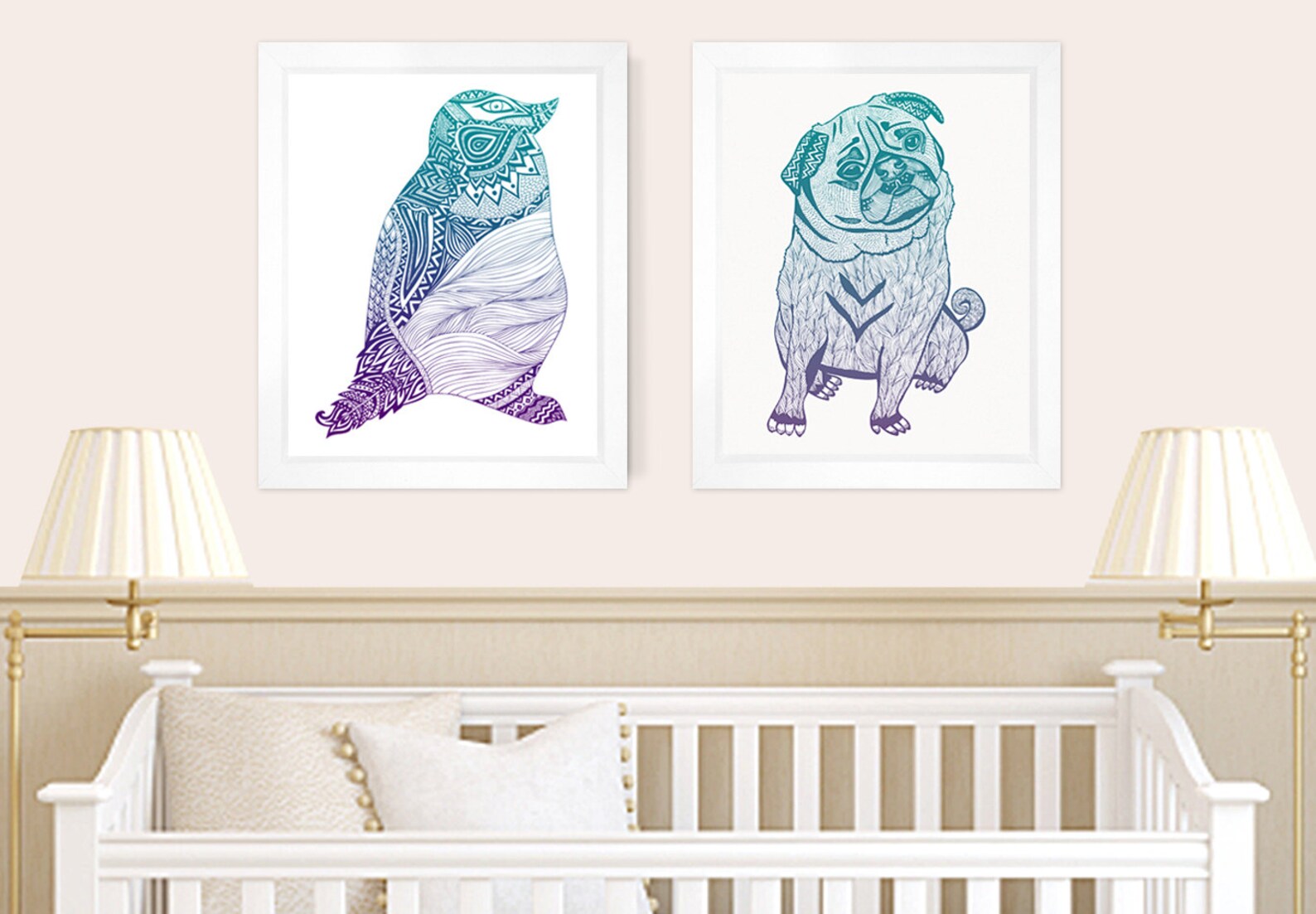Whimsical Animal Wall Art Set of 2 Prints Penguin and Pug Etsy