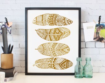 Poster Print 8x10 or 11x14 - Boho Gold Tribal Feathers - For Your Home Decor