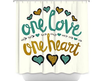 Bathroom Shower Curtain with One Love One Heart Quote in Teal, Gold and Black