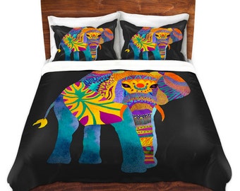 Whimsical Elephant Bed Duvet Cover on Black – For Twin, Queen and King Size Beds