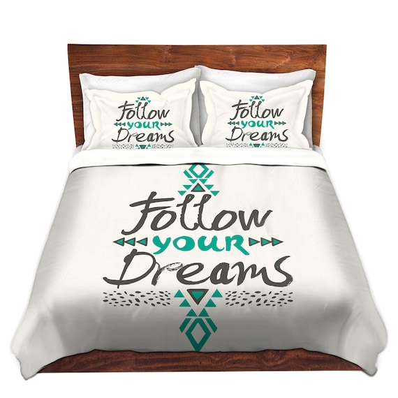 Follow Your Dreams Quote Bed Duvet Cover In Gray And Teal Etsy