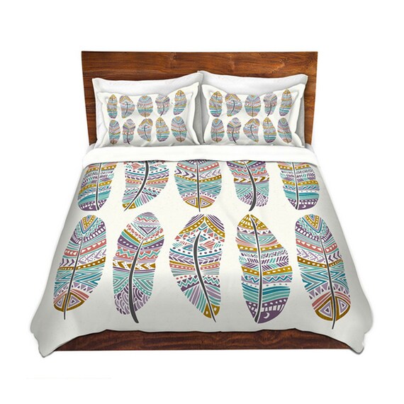 Boho Feathers Bed Duvet Cover In Gray And Teal For Twin Etsy