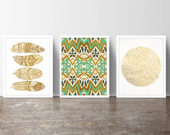 Boho Geometric Series • Set of 3 Art Prints in Gold, White & Mint – 8x10 Print or 11x14 Poster