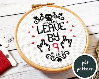 Leave By 9 Gothic Style Cross Stitch Pattern - Middle Finger Swears with Cute Border - Introvert Statement Decor - Skull Design - MATURE