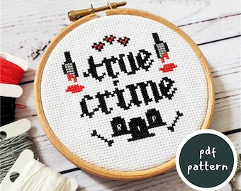 True Crime Cross Stitch Pattern with Knives, Blood, Bones and RIP Graves - DIY Decor for True Crime Enthusiasts