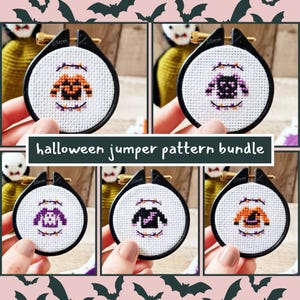 May include: A selection of cross-stitch patterns showcasing Halloween-themed jumpers. Each design is presented in a circular frame with a black border. The text "halloween jumper pattern bundle" is displayed in a white rectangle.