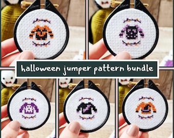 Halloween Jumper Cross Stitch Pattern Bundle - Spooky Decor  - Halloween Motifs - Bat, Ghost, Skull, Pumpkin, Witch Cross Stitch Pattern