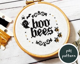 Boo Bees Cross Stitch Pattern - Gothic Style with Bees, Ghosts, Spiders, and Bats - Playful Halloween Decor - Bold Gothic Font