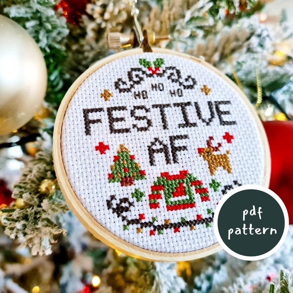 Festive AF Cross Stitch Pattern - Christmas Tree Bauble - Quick Stitch Holiday Decor - DIY Xmas Gift - Easy Beginners Project - Santa Motif