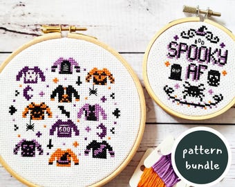 Halloween Jumpers and Spooky AF Cross Stitch Pattern Bundle - Spooky Decor  - Halloween Motifs - Bat, Ghost, Skull, Pumpkin, Witch, Spider