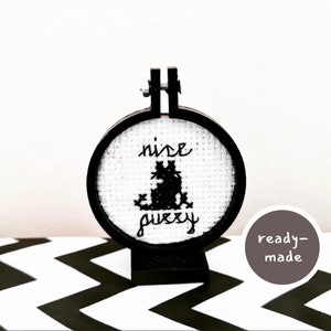 Cheeky Mini Framed Cross Stitch with Sassy Cursive Font and Stitched Cat - Handcrafted Home or Office Decor - Cheeky Gift Idea For Cat Lover