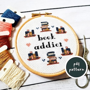 Book Addict Cross Stitch Pattern - Modern Book Lover Design - Perfect Gift for Book Lovers and Librarians