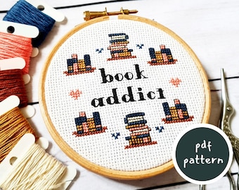 Book Addict Cross Stitch Pattern - Modern Book Lover Design - Perfect Gift for Book Lovers and Librarians