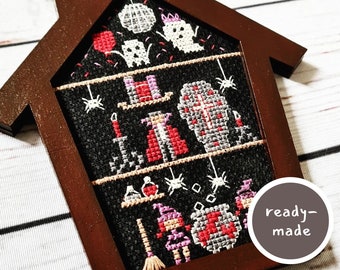 Spooky Halloween Hanging Decoration - Haunted House Cross Stitch Art - Ghost Party, Dracula Reading Room, Witch Potion - Halloween Decor