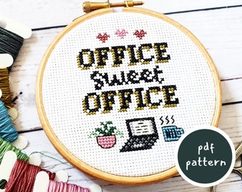 Office Sweet Office Cross Stitch Pattern with Laptop, Plant, and Hot Drink Motifs - DIY Modern Home Office Decor - Easy Handmade Gift