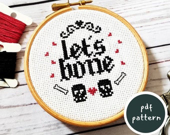 Let's Bone Cross Stitch Pattern with Flirty Skulls and Small Bone Motifs in Gothic Font - Quirky Home Decor - Halloween Gift