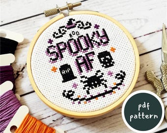 Spooky AF Cross Stitch Pattern with Cute Spider, Skull, Grave and Witch Hat - Gothic Style - Perfect for Halloween Decor and Horror Fans