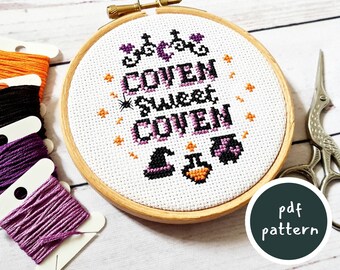 Witchy Cross Stitch Pattern - Coven Sweet Coven - Halloween Themed Decor with Witch Hat, Cauldron, Potion - Gothic Style Border - DIY Craft