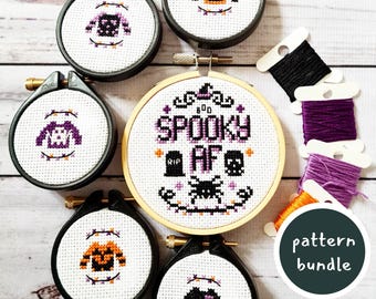 Spooky Cross Stitch Pattern Bundle - Spooky AF and Halloween Jumpers - Gothic Style with Mini Halloween Motifs - Perfect for Halloween Decor