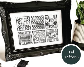 Science blackwork pattern featuring chemistry, biology and physics