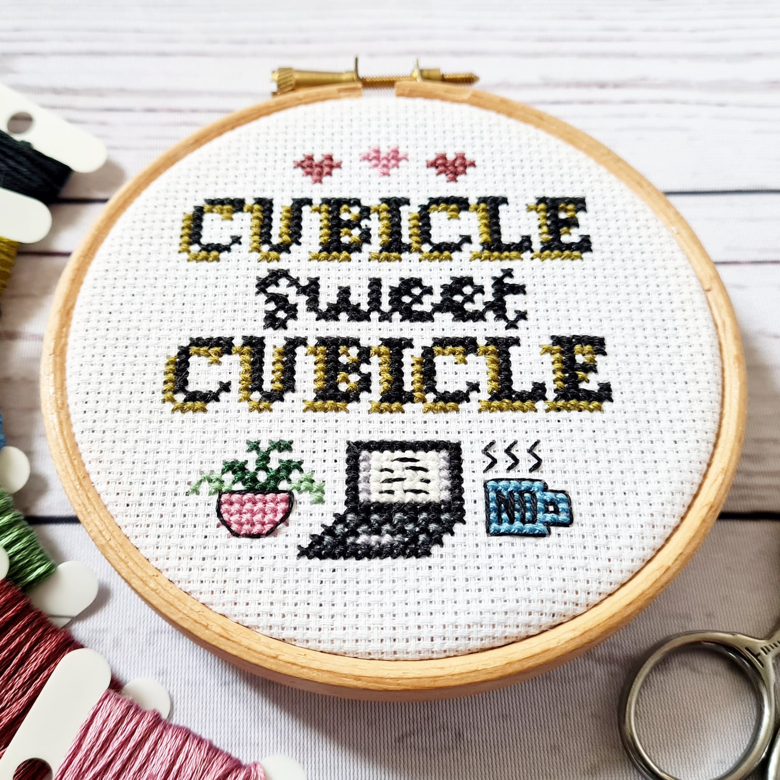 Cubicle Sweet Cubicle Cross Stitch Pattern With Laptop, Plant, and Hot ...