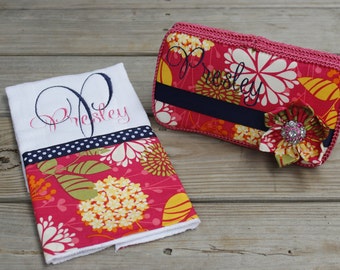 Hot Pink, Orange and Navy Flowered Boutique Wipe Case with Matching Monogram Premium Burp Cloth