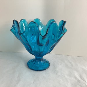 LE Smith Footed Pedestal Bowl Compote Ruffle Handkerchief Scallop Electric Blue Aqua Teal Glass, Mid Century Modern, Vintage 1950s