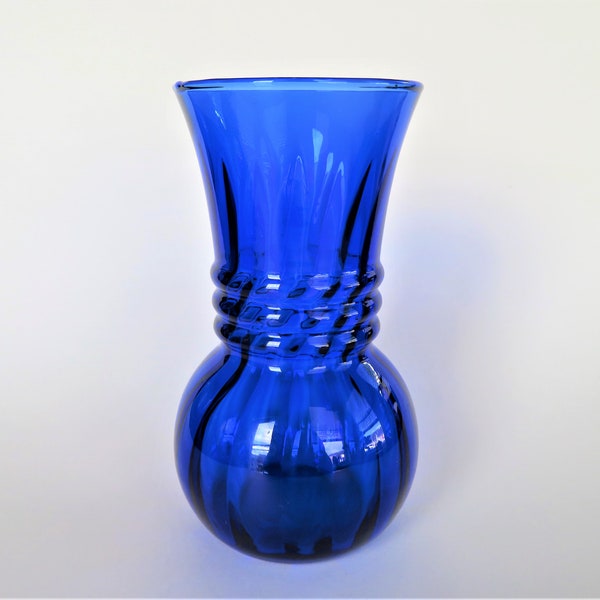 Anchor Hocking MCM Hour Glass Shape Ribbed Swirl 6 inch Cobalt Vase Retro Mid Century Vintage 1960