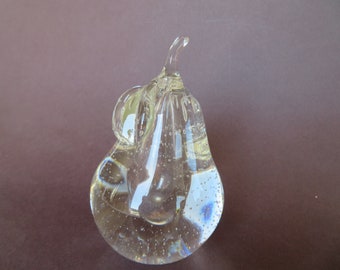 Clear Glass Art Pear Paperweight, Controlled Bubbles Large Heavy Glass Art Vintage