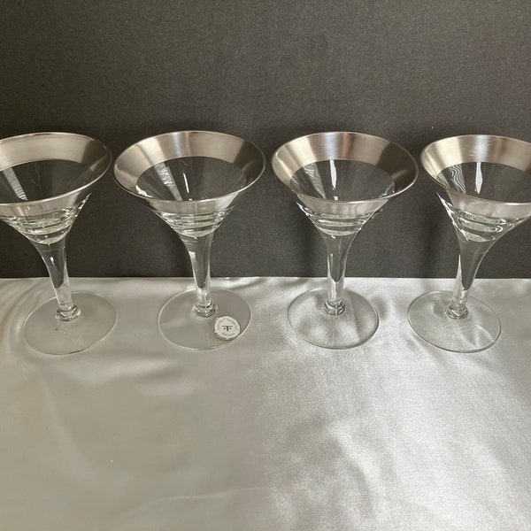 Set of 2 or 4 Dorothy Thorpe Allegro Tulip Champagne Bar Ware Silver Band Clear Stylish Stemmed Glasses, Mid Century Mad Men, Vintage 1960s