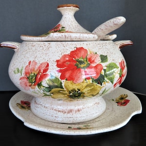 California Originals MCM Poppy Soup Tureen, Cover, Underplate & Ladle, 4 pieces Mid Century Modern Pottery #8520 Vintage 1960s