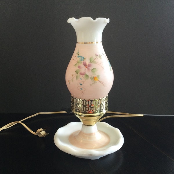 Hand Painted Pink Floral Milk Glass Hurricane Lamp Bedside, Vintage Mid Century  1950s