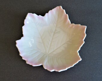 Belleek Translucent Ivory Porcelain, Sycamore Leaf Shaped Plate Dish, Pink Rim, Embossed Leaf, Made in Ireland, 6th Mark Vintage 1965-1980